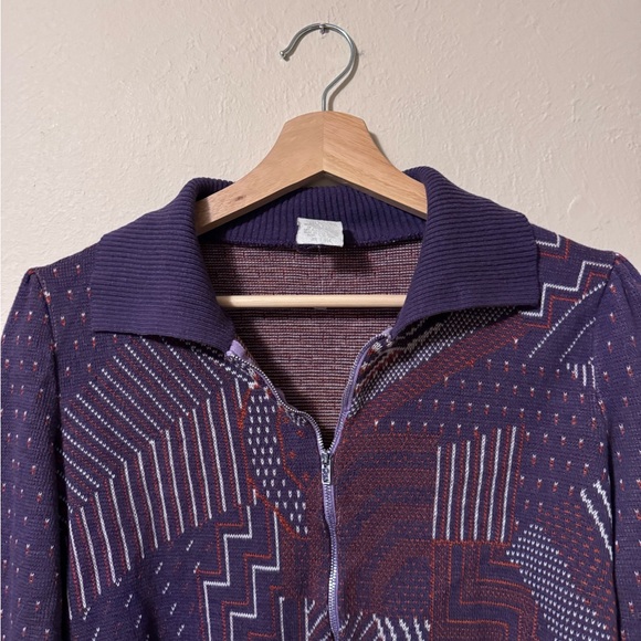 Vintage Geometric pattern Purple zip up sweater pleated shoulder Size Small - Picture 2 of 6